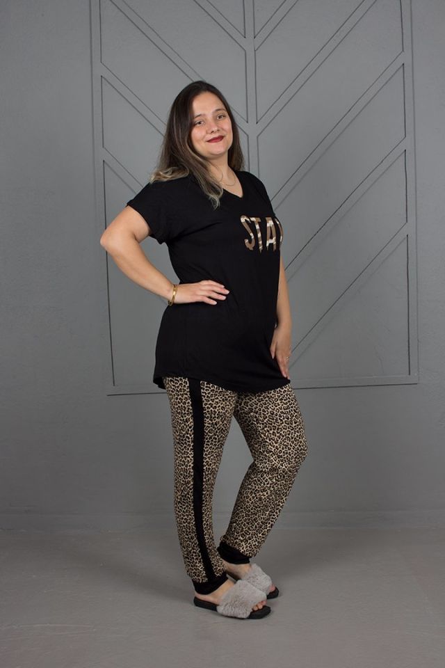 Büyük Beden Paçası Latikli V Yaka Pijama Takım