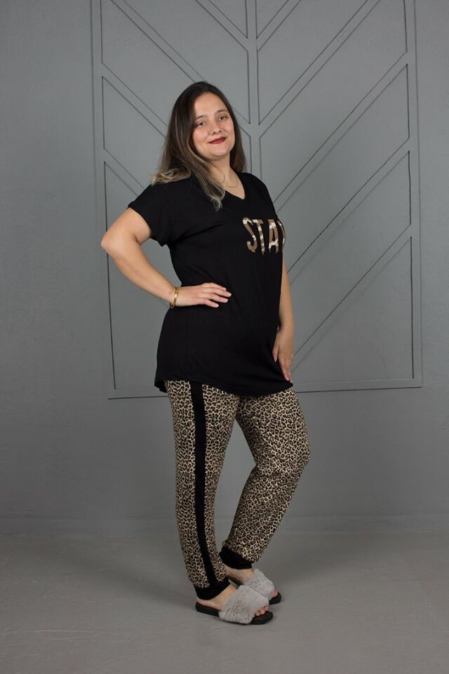 Büyük Beden Paçası Latikli V Yaka Pijama Takım 44-46
