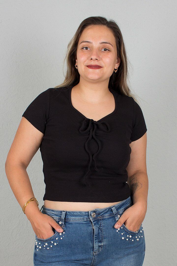 Büyük Beden Kadın Giyim Ön Büzgülü Fitilli Body Bluz siyah - 46