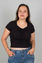 Büyük Beden Kadın Giyim Ön Büzgülü Fitilli Body Bluz siyah - 46
