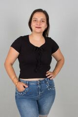 Büyük Beden Kadın Giyim Ön Büzgülü Fitilli Body Bluz siyah - 46