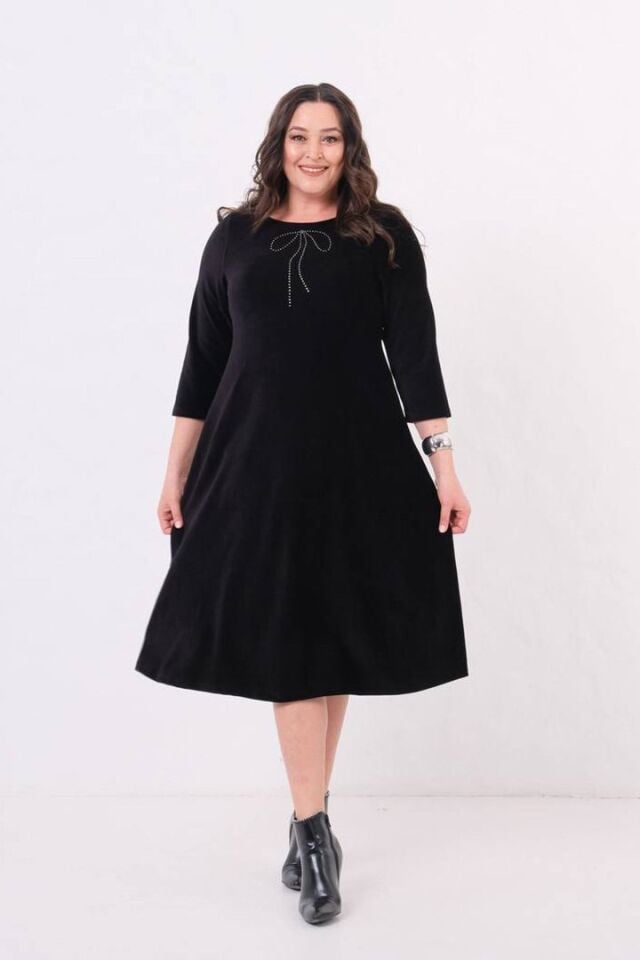Büyük Beden Fitilli Penye Kadife Midiboy Elbise Siyah Likralı Şık ve Rahat