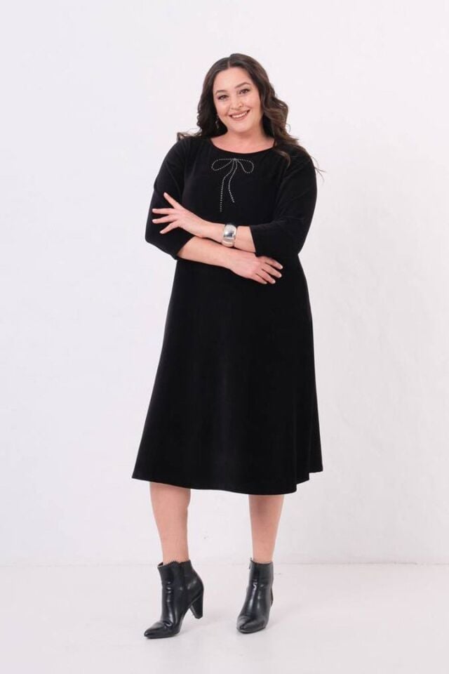 Büyük Beden Fitilli Penye Kadife Midiboy Elbise Siyah Likralı Şık ve Rahat