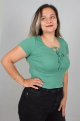 Büyük Beden Kadın Giyim Ön Büzgülü Fitilli Body Bluz yeşil - 48