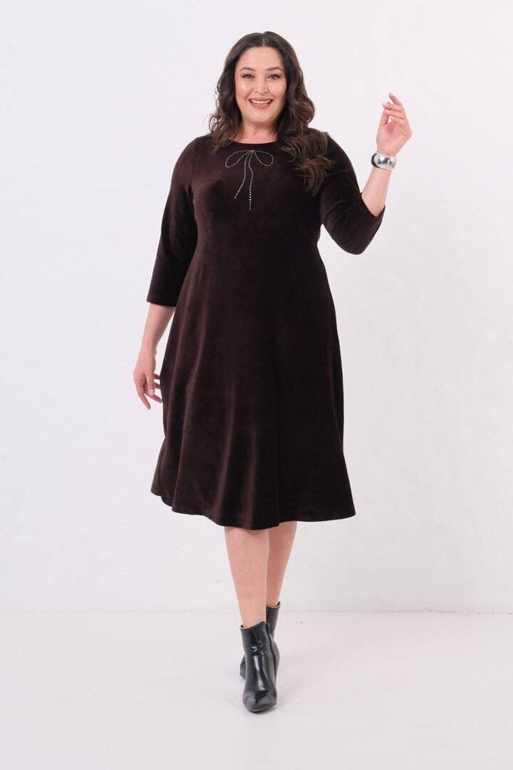 Büyük Beden Fitilli Penye Kadife Midiboy Elbise Kahverengi Likralı Şık ve Rahat