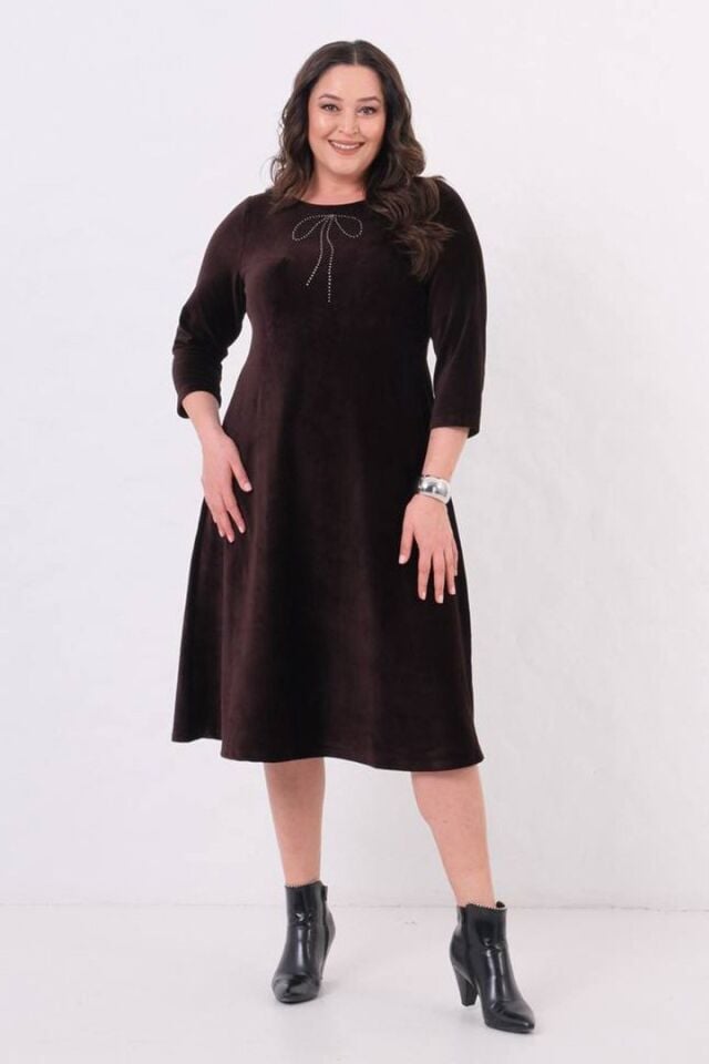 Büyük Beden Fitilli Penye Kadife Midiboy Elbise Kahverengi Likralı Şık ve Rahat