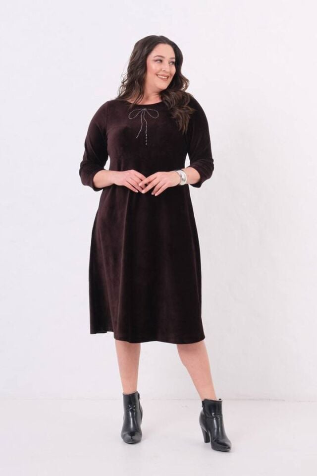 Büyük Beden Fitilli Penye Kadife Midiboy Elbise Kahverengi Likralı Şık ve Rahat