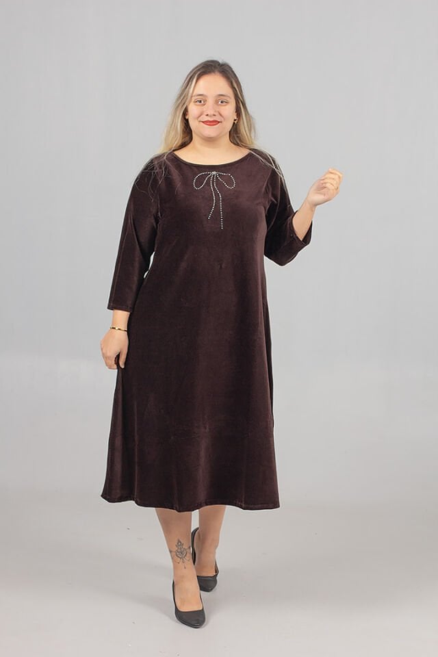 Büyük Beden Fitilli Penye Kadife Midiboy Elbise Kahverengi Likralı Şık ve Rahat