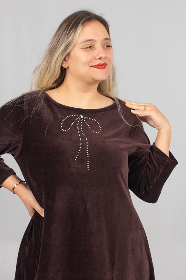 Büyük Beden Fitilli Penye Kadife Midiboy Elbise Kahverengi Likralı Şık ve Rahat