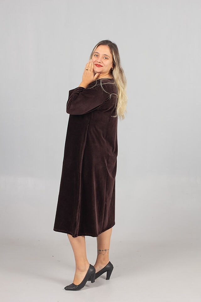 Büyük Beden Fitilli Penye Kadife Midiboy Elbise Kahverengi Likralı Şık ve Rahat