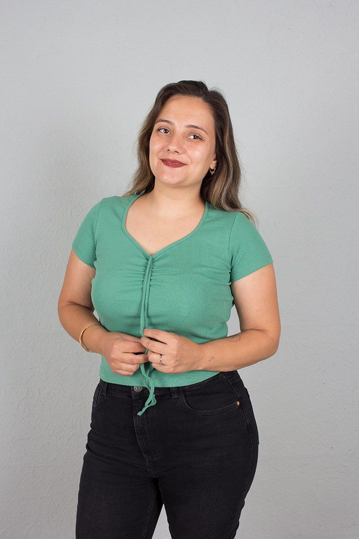 Büyük Beden Kadın Giyim Ön Büzgülü Fitilli Body Bluz yeşil - 54