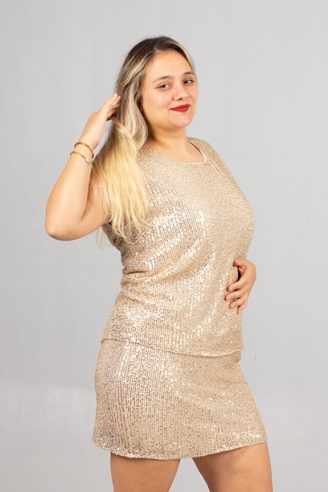 Büyük Beden Pul Payet Gold Etek Şık ve Zarif