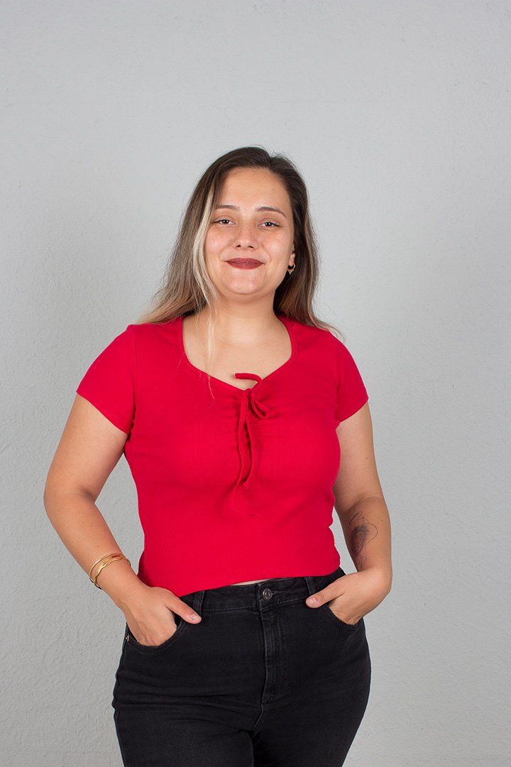 Büyük Beden Kadın Giyim Ön Büzgülü Fitilli Body Bluz Kırmızı - 48