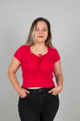 Büyük Beden Kadın Giyim Ön Büzgülü Fitilli Body Bluz Kırmızı - 48