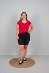 Büyük Beden Kadın Giyim Ön Büzgülü Fitilli Body Bluz Kırmızı - 48