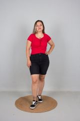 Büyük Beden Kadın Giyim Ön Büzgülü Fitilli Body Bluz Kırmızı - 52