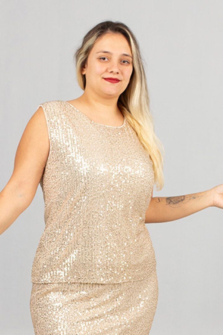 Büyük Beden Kadın Giyim Pul Payetli Gold Bluz Şık Ve Zerafet Dolu!