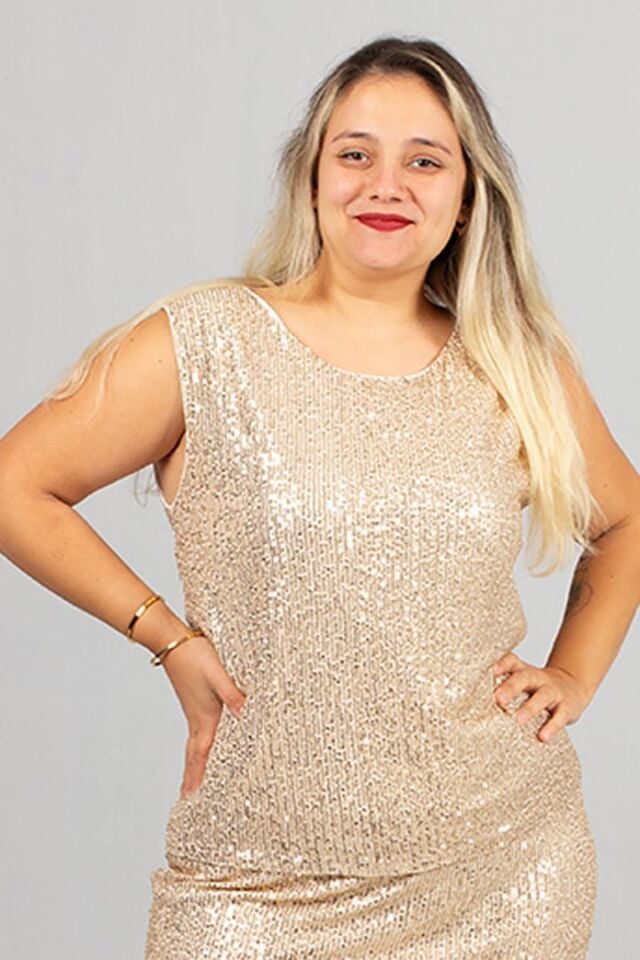 Büyük Beden Kadın Giyim Pul Payetli Gold Bluz Şık Ve Zerafet Dolu!