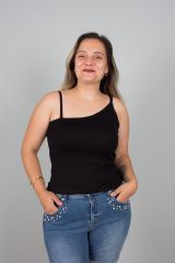 Büyük Beden Kadın Giyim Asimetrik Askılı Viskon Siyah Body