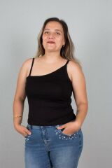 Büyük Beden Kadın Giyim Asimetrik Askılı Viskon Siyah Body