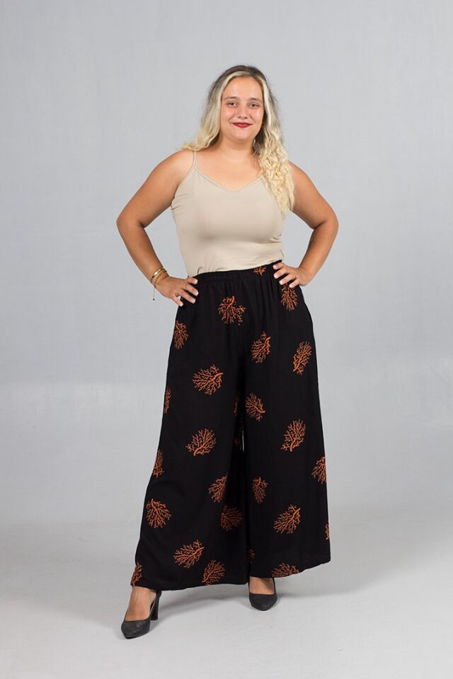 Büyük Beden Kahverengi Desenli Bol Paça Dokuma Viskon Pantolon – Yüksek Bel, Lastikli