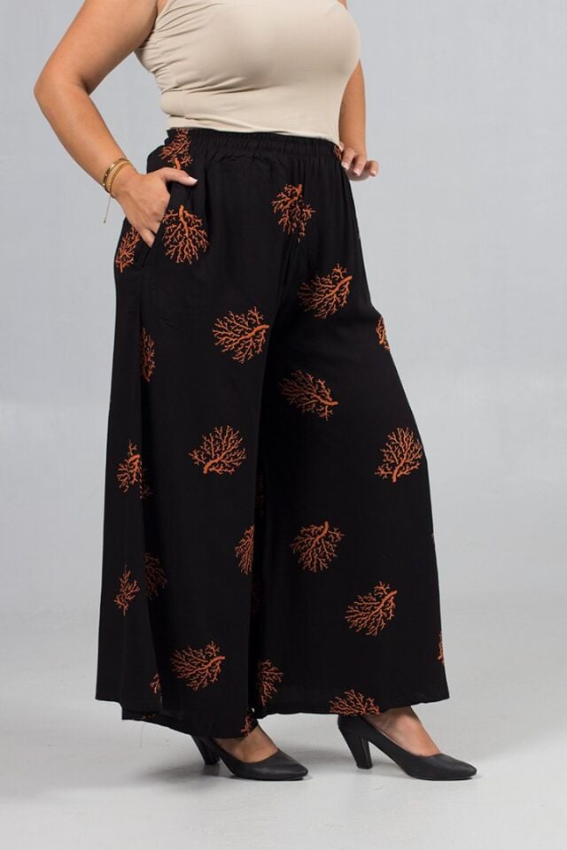 Büyük Beden Kahverengi Desenli Bol Paça Dokuma Viskon Pantolon – Yüksek Bel, Lastikli