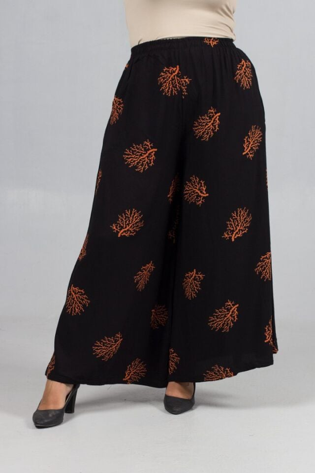 Büyük Beden Kahverengi Desenli Bol Paça Dokuma Viskon Pantolon – Yüksek Bel, Lastikli