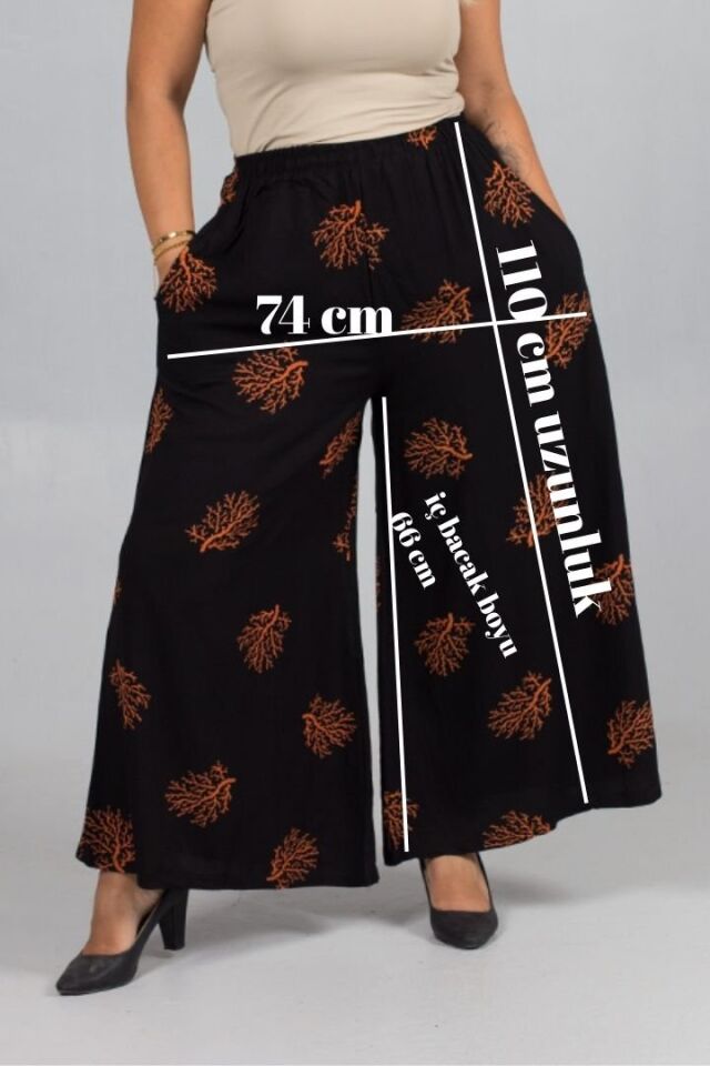 Büyük Beden Kahverengi Desenli Bol Paça Dokuma Viskon Pantolon – Yüksek Bel, Lastikli