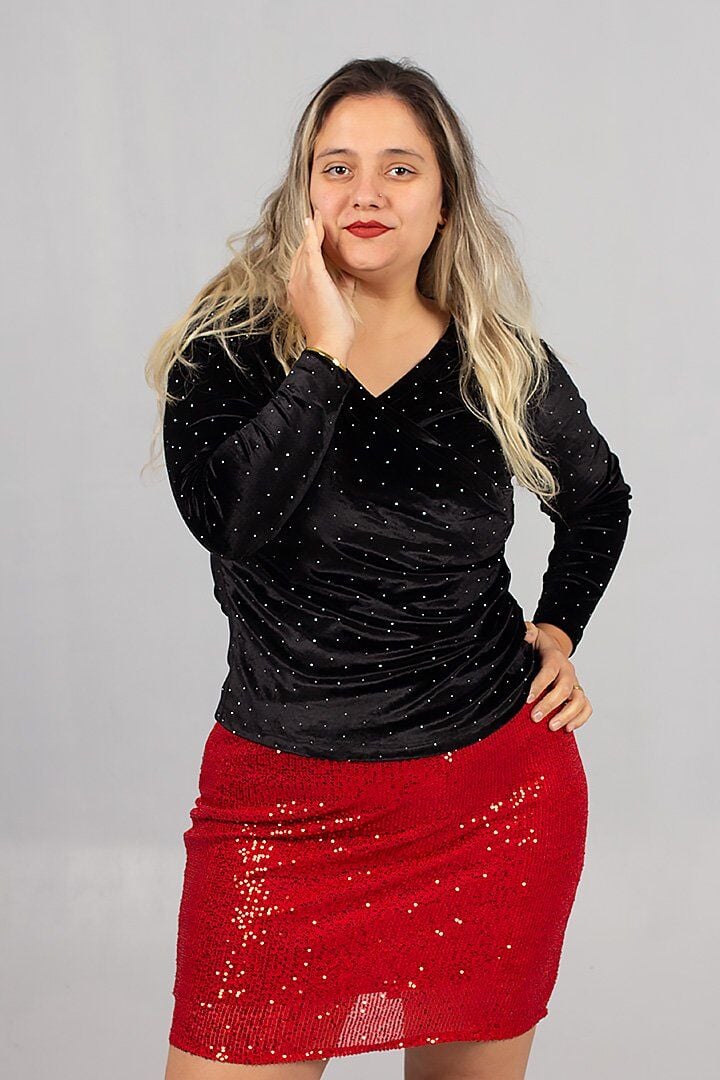 Büyük Beden Kruvaze Yaka Taşlı Kadife Bluz 42-50 Beden Şık ve Genç Model