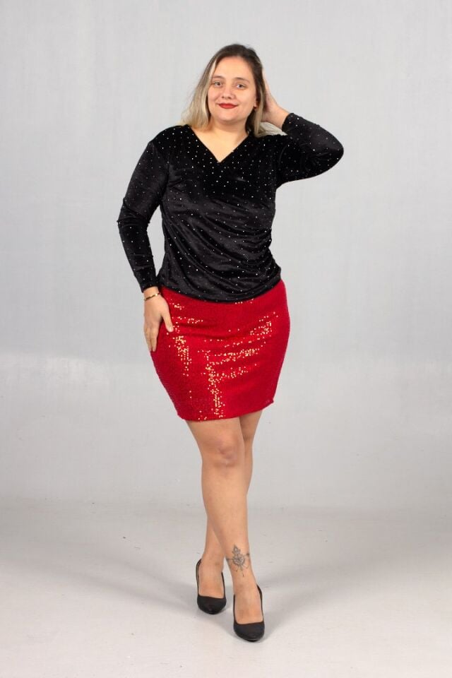 Büyük Beden Kruvaze Yaka Taşlı Kadife Bluz 42-50 Beden Şık ve Genç Model