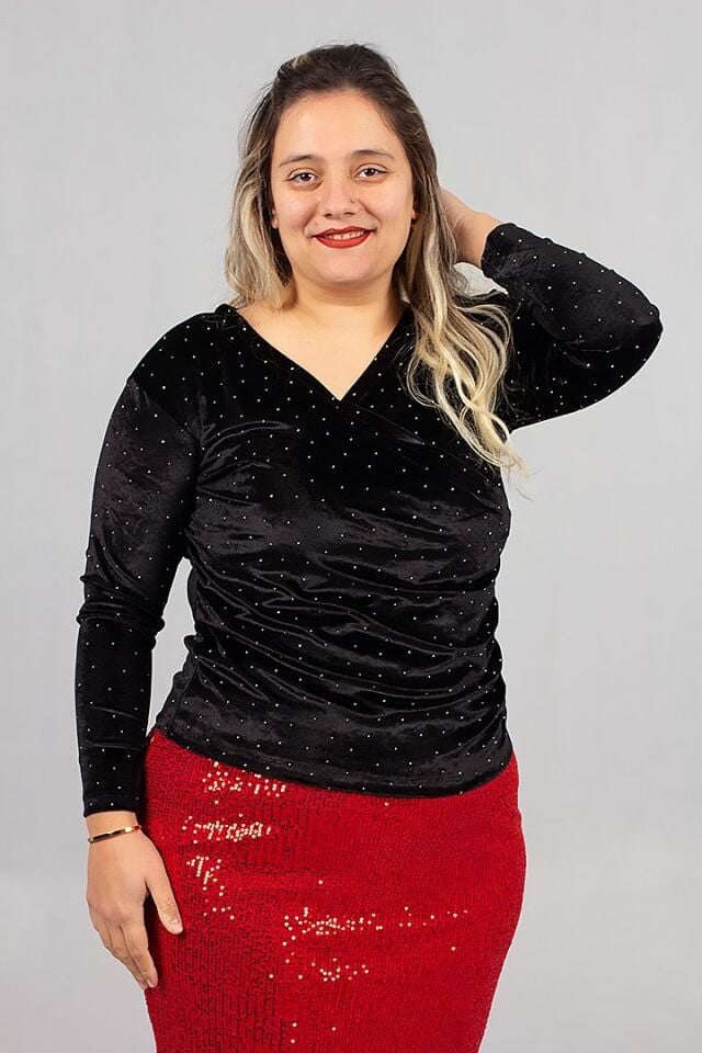 Büyük Beden Kruvaze Yaka Taşlı Kadife Bluz 42-50 Beden Şık ve Genç Model