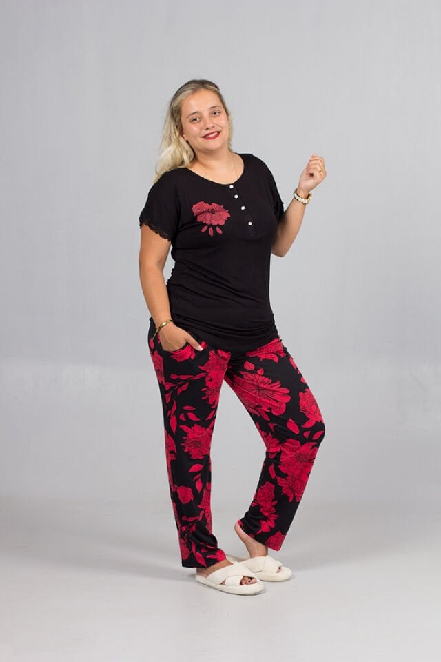 Büyük Beden Siyah Çiçek Desenli Likralı Viskon Penye Pijama Takımı
