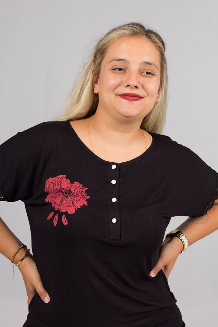 Büyük Beden Siyah Çiçek Desenli Likralı Viskon Penye Pijama Takımı
