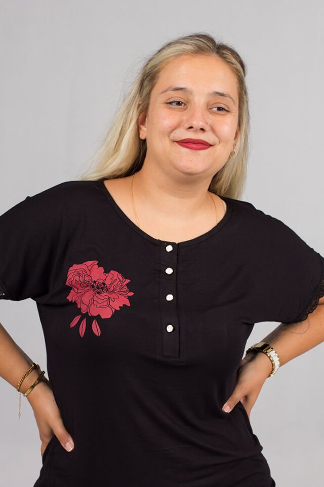 Büyük Beden Siyah Çiçek Desenli Likralı Viskon Penye Pijama Takımı