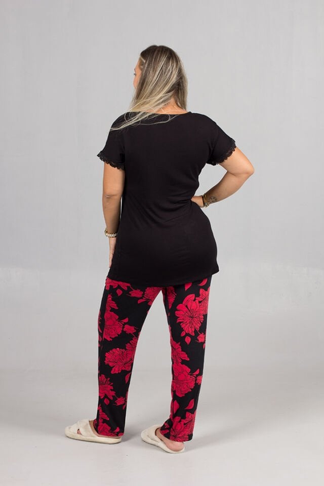 Büyük Beden Siyah Çiçek Desenli Likralı Viskon Penye Pijama Takımı