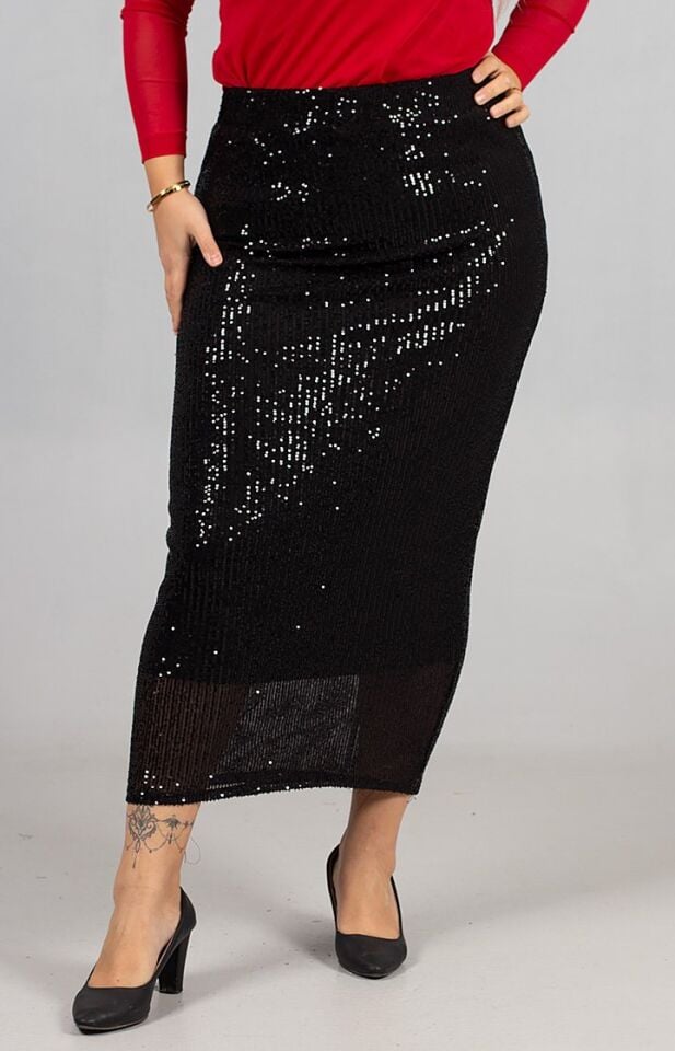 Siyah Pul Payet Uzun Kalem Etek Astarlı Şık Model
