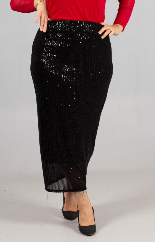 Siyah Pul Payet Uzun Kalem Etek Astarlı Şık Model