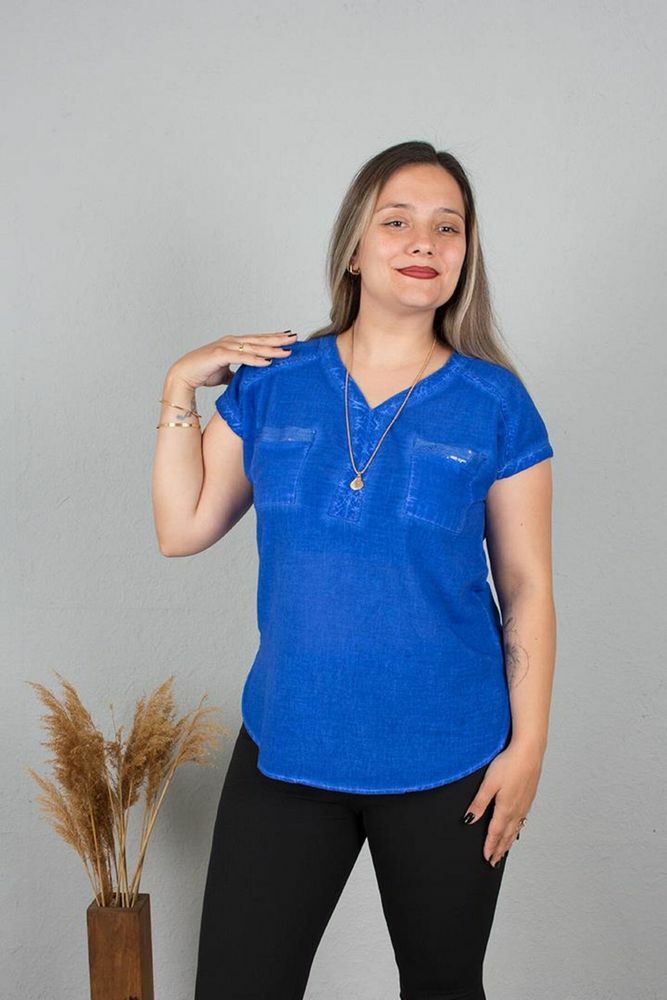 Büyük Beden  Pamuk Yıkamalı V Yaka Otantik Bluz Renkli B104