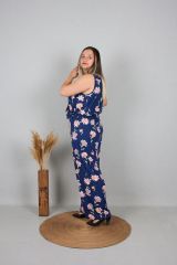 Büyük Beden Çiçek Desenli Bol Paça Tulum Lacivert Tlm192
