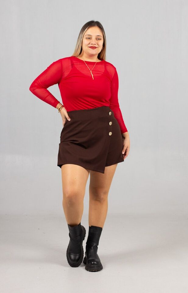 Büyük Beden Kadın Giyim Kahverengi Şort Etek Şık ve Rahat Tasarım