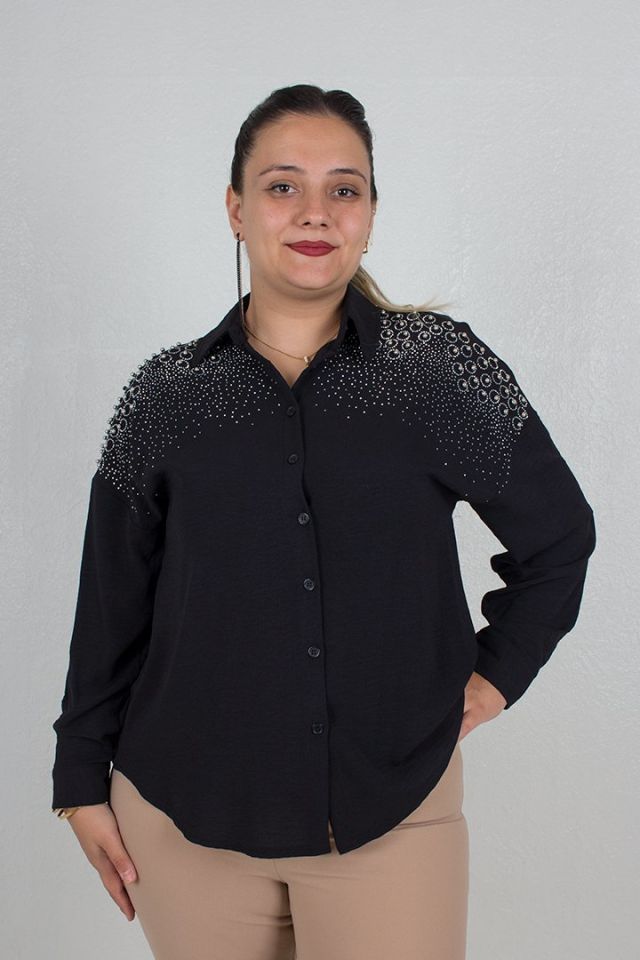 Büyük Beden Omuzlar Taşlı Gömlek Siyah