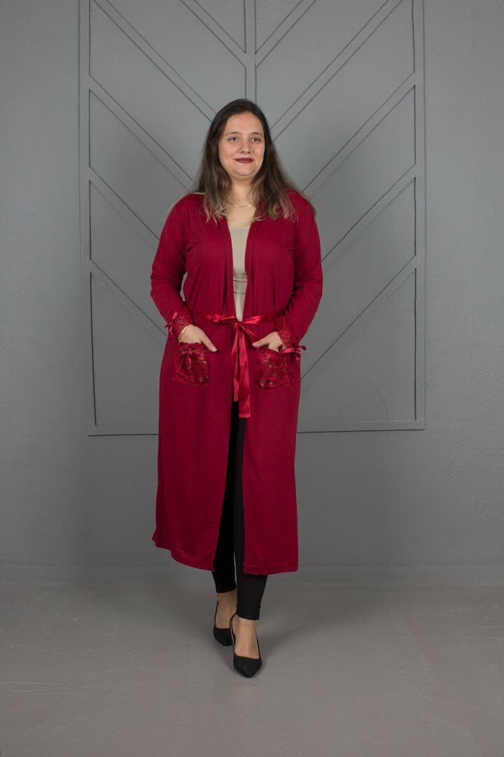 Büyük Beden Likralı Sabahlık Bordo