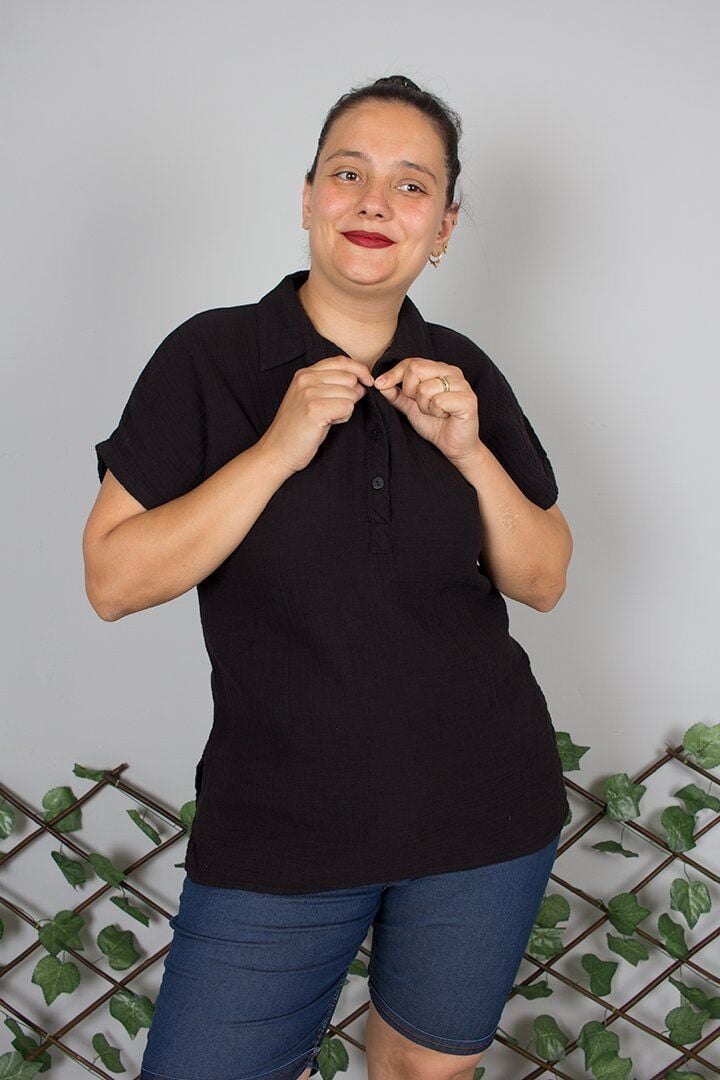 Gömlek Yaka %100 Pamuk Müslin Kumaş Düğmeli Bluz Siyah – Nefes Alan Rahat Tasarım