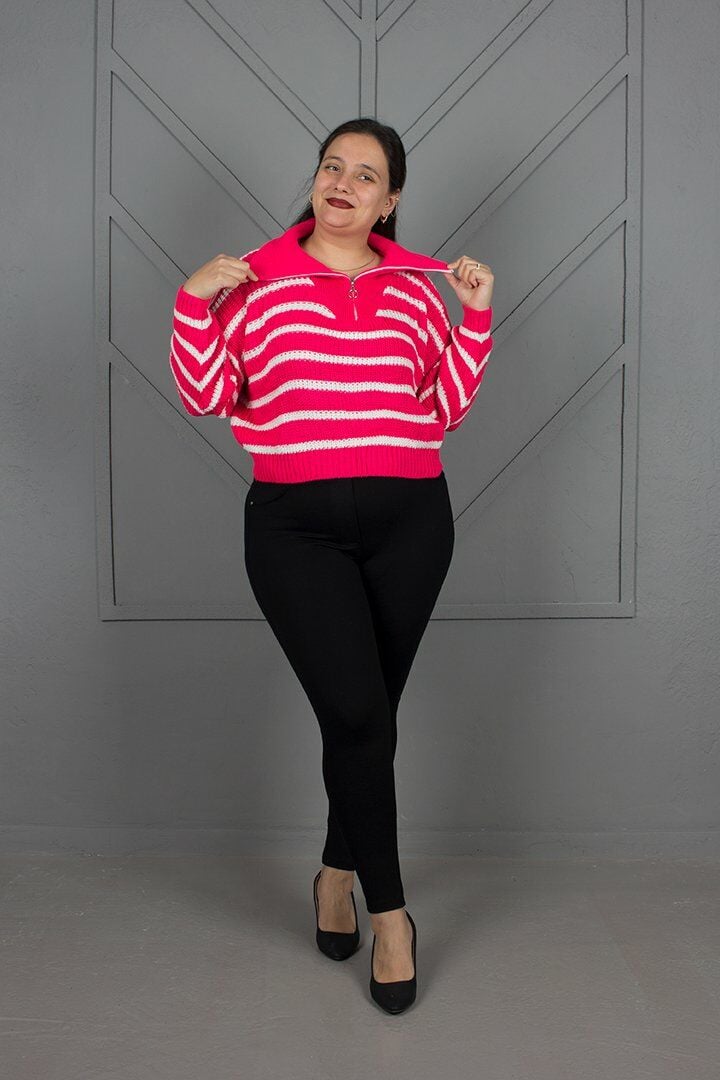 Standart fermuarlı Çizgili Triko Kazak