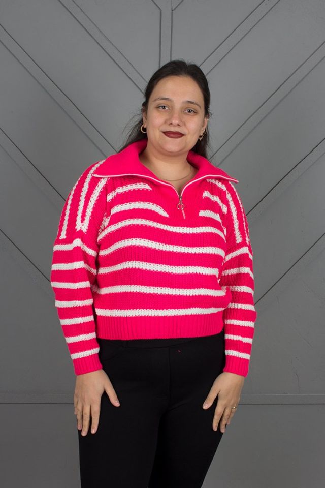 Standart fermuarlı Çizgili Triko Kazak