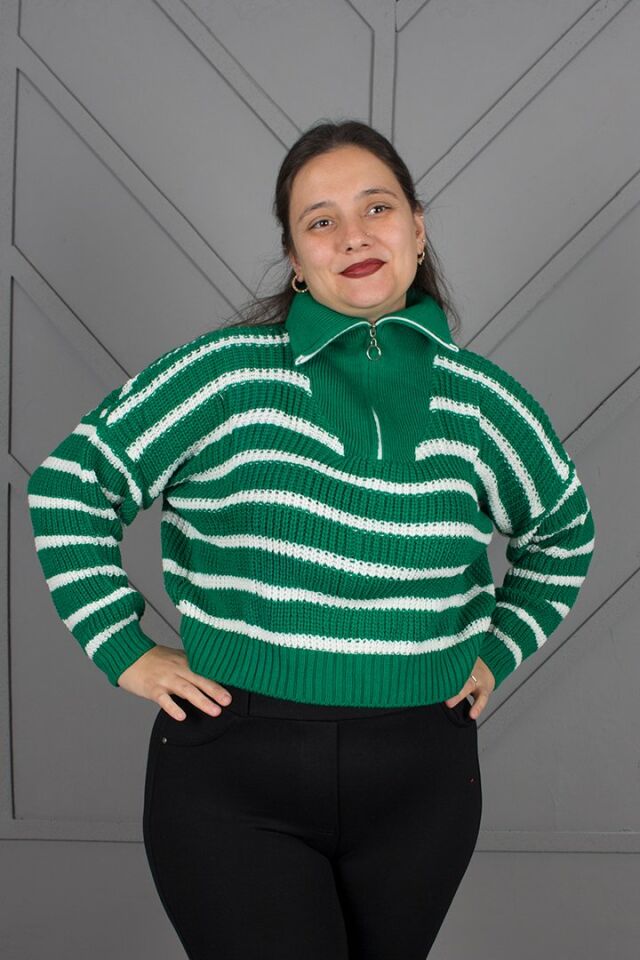 Standart fermuarlı Çizgili Triko Kazak