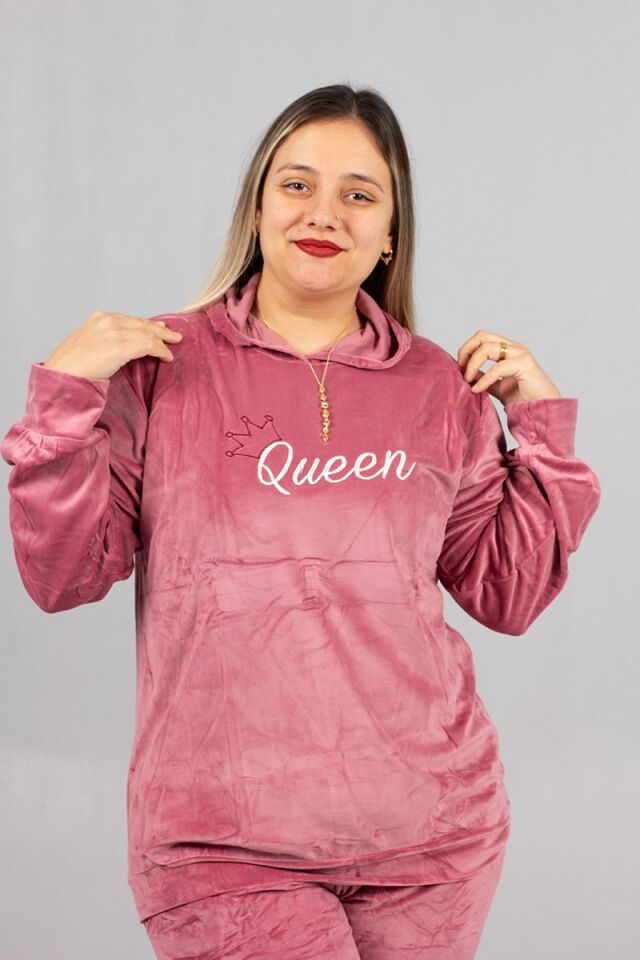 Premium Kalite Kapşonlu Pembe Kadife Takım – 44-54 Beden Arası Şık ve Rahat Kadın Takım