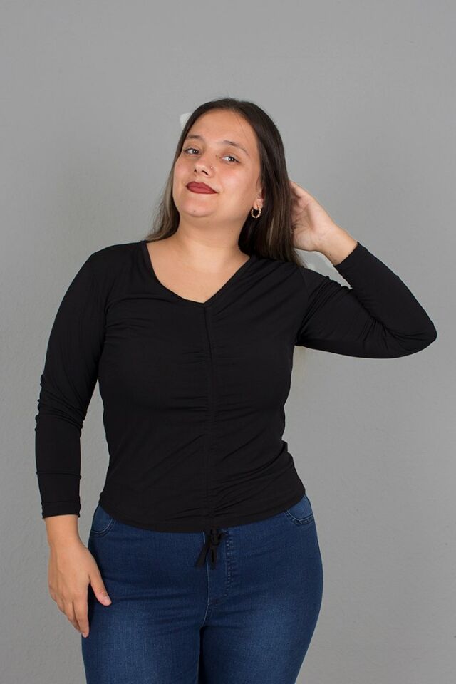 Büyük Beden Ön Büzgülü Micro Kumaş Bluz Siyah siyah - 42