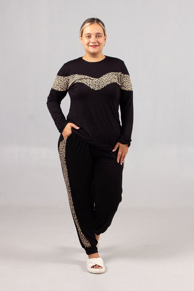 Büyük Beden Siyah Leopar Şeritli  Kadın Takım – Şık ve Rahat Ev Giyim