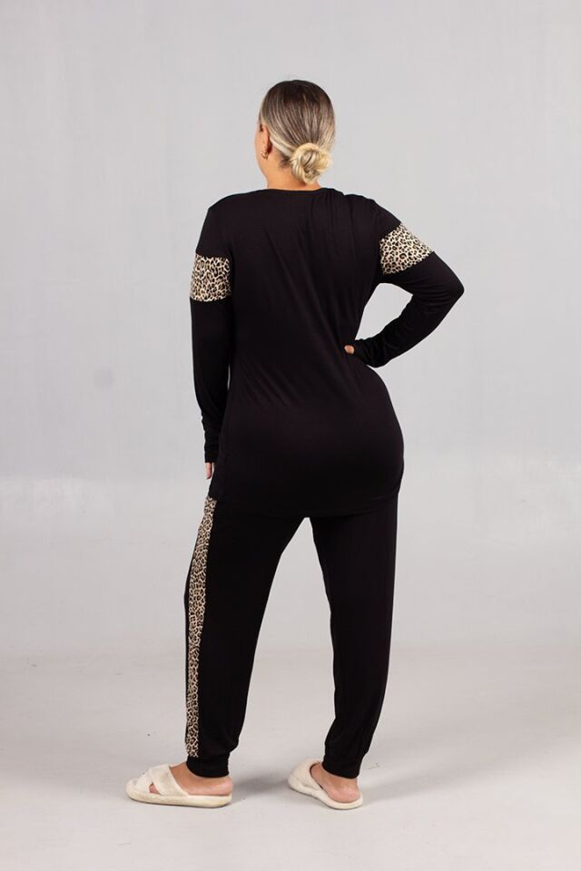 Büyük Beden Siyah Leopar Şeritli  Kadın Takım – Şık ve Rahat Ev Giyim